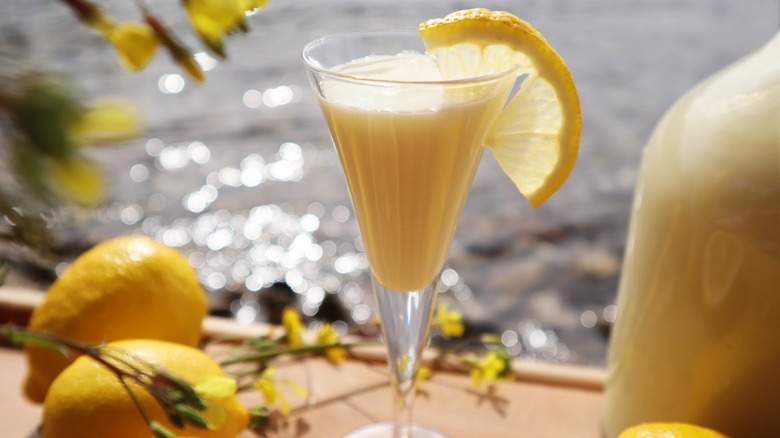 Glass of limoncello cream liqueur 