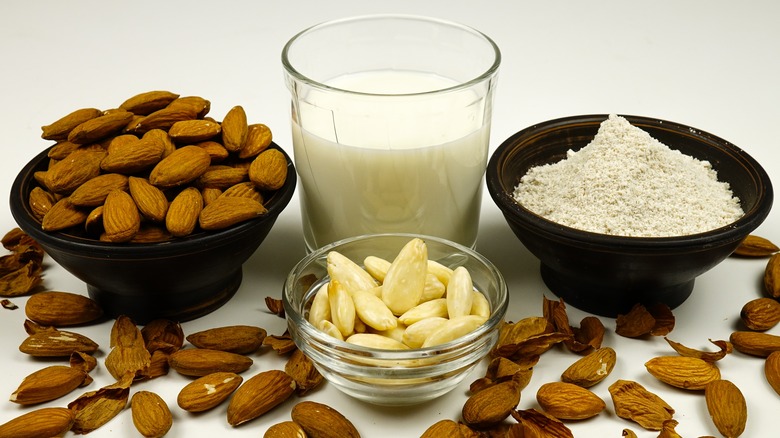 almonds with skin, blanched almonds, almond milk, and almond flour