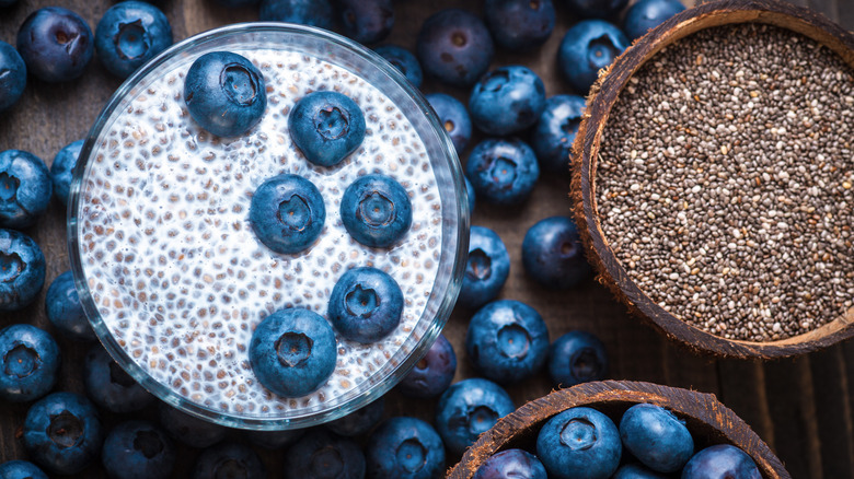 bowl of chia seeds and blueberry chia pudding