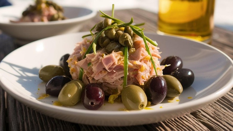 Tuna salad, capers, and olives