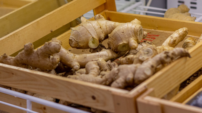 fresh ginger in crates