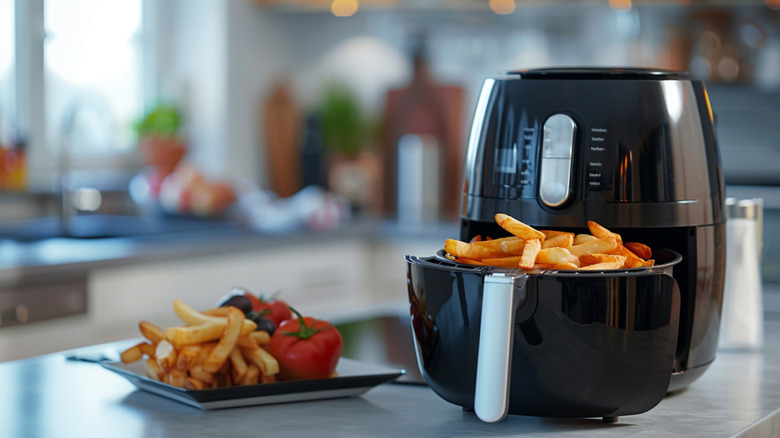 Air fryer with fries with a plate of fries and small tomatoes