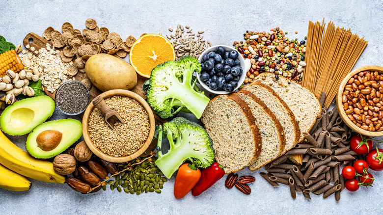 grains, pasta, fruits, and vegetables