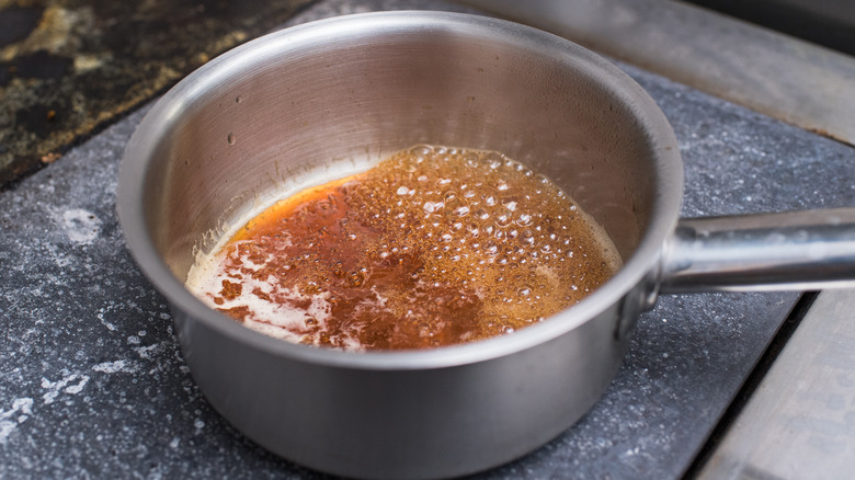 Melted sugar in saucepan