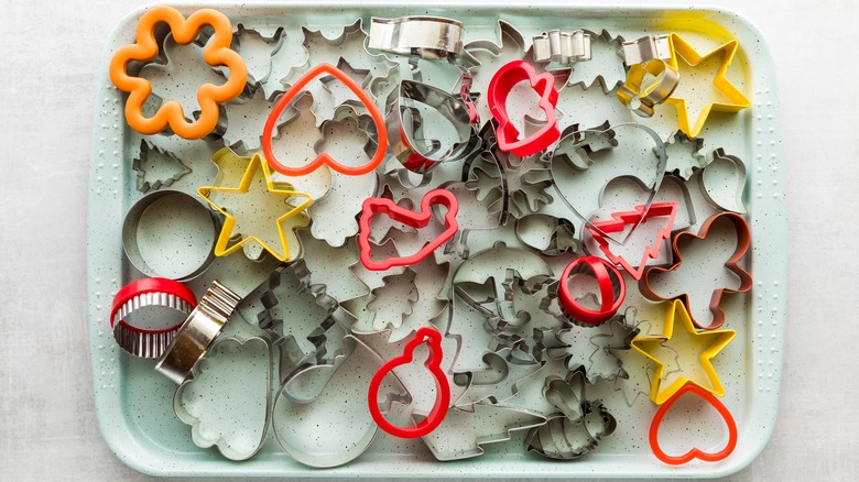 sheet pan filled with cookie cutters