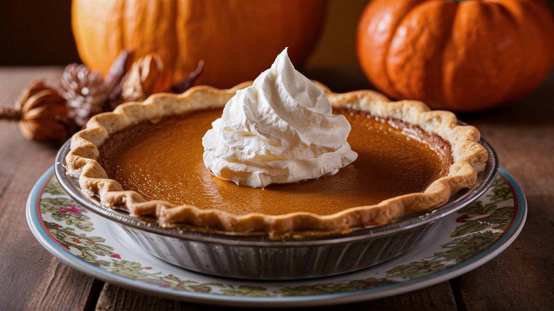 A pumpkin pie on a plate with whipped cream