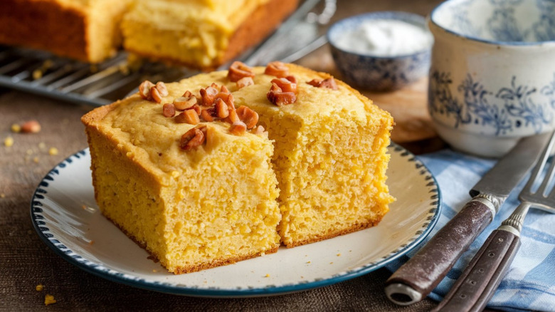 Slice of cornbread on a plate.