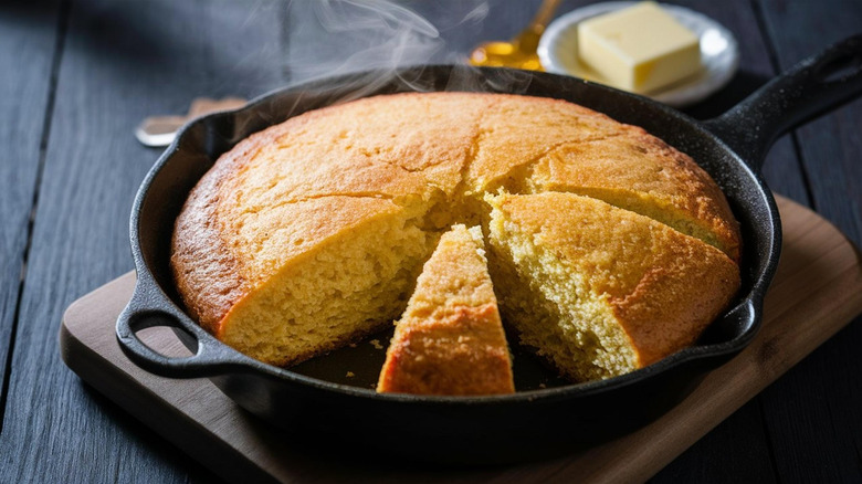 Cast iron pan of cornbread.