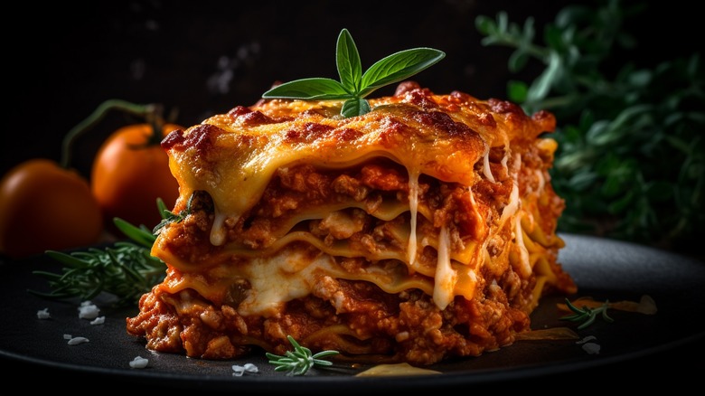 slice of extra cheesy and saucy lasagna