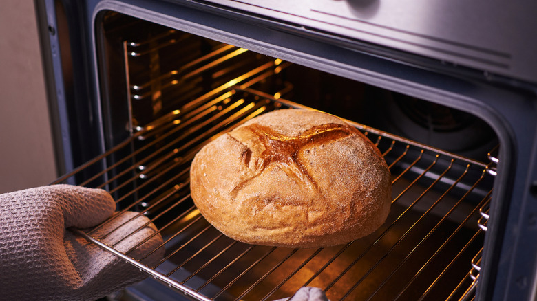 Placing an artisan loaf in the oven.