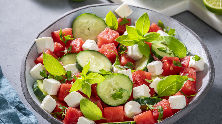 Watermelon, cucumber, and cheese salad