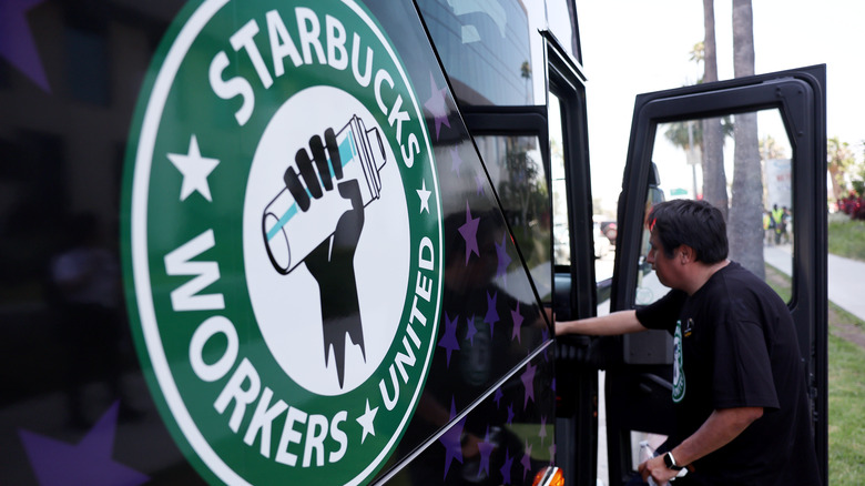 starbucks workers united sign on van
