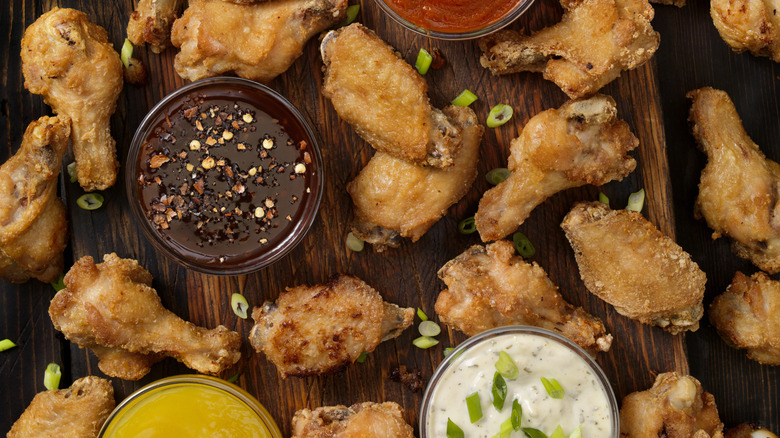 wings served with a variety of dips