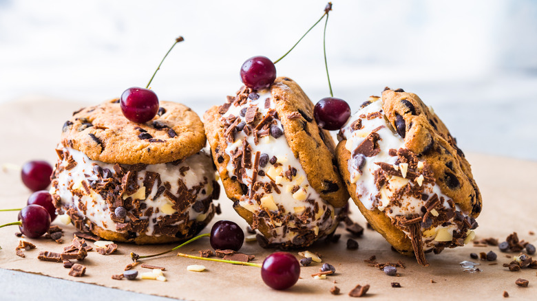 Homemade ice cream sandwiches with chocolate chip cookies