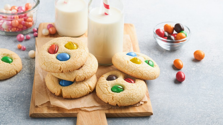 M&M cookies served with milk