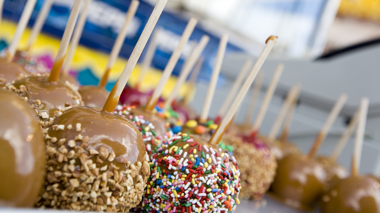 caramel apples coated in different toppings