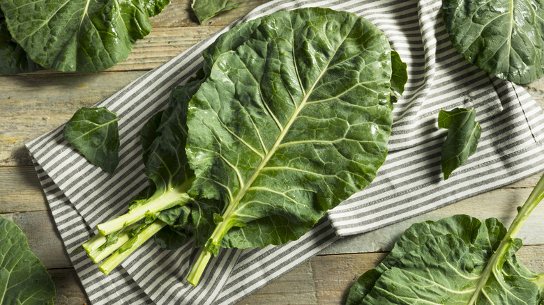 Collard greens on a kitchen towel