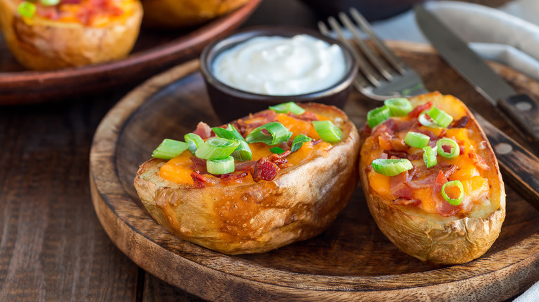 Baked potato skins with cheddar and crispy bacon bits