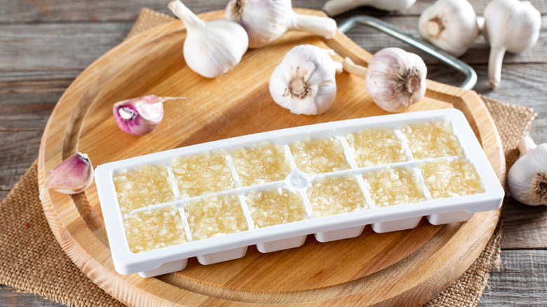 Frozen garlic in an ice cube tray