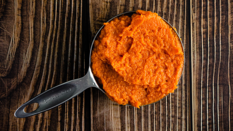 pumkin puree in a measuring cup