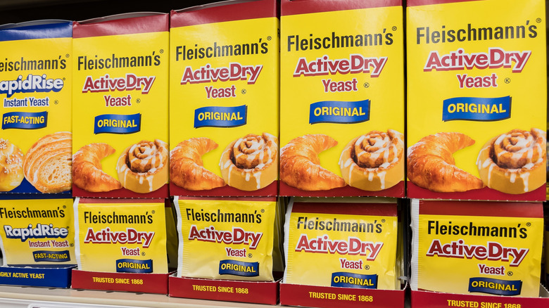 Packages of instant and active dry yeast are on a grocery store shelf.