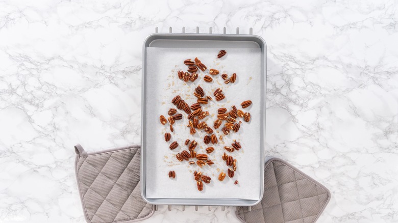 Pecans on a baking tray