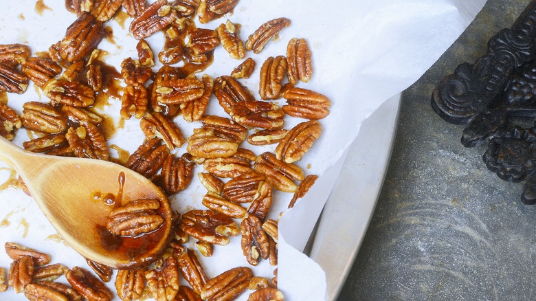 Candied pecans on a tray