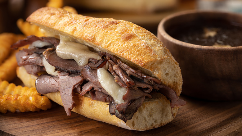 French dip sandwich with roast beef and au jus