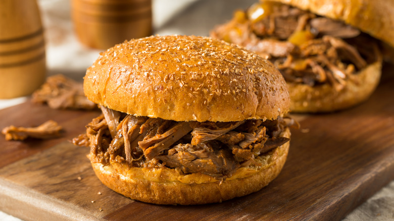 Shredded pot roast beef served in sandwiches