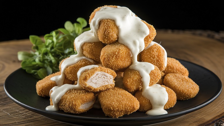 A tower of chicken nuggets with white sauce on a black plate