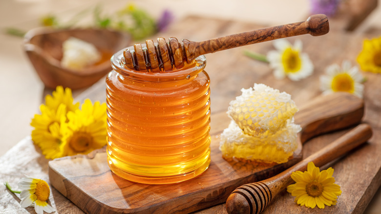 honey dipper on top of an openn jar of honey surrounded by an assortment of flowers and honey comb