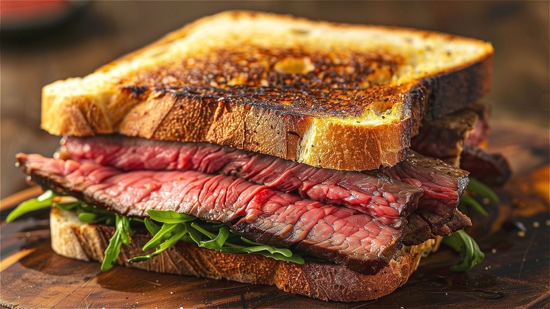 Toasted steak sandwich with greens on a wooden platter