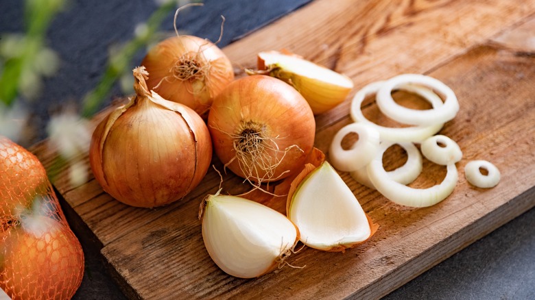 Onions on a chopping board