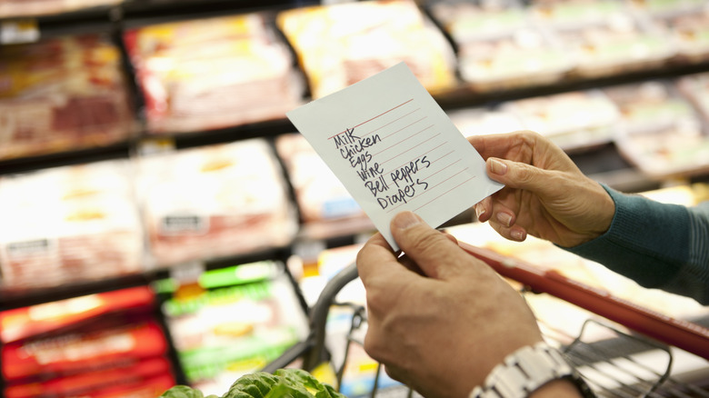 Shopper looks at grocery list