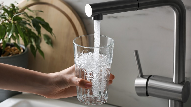 Filling glass with water from kitchen faucet