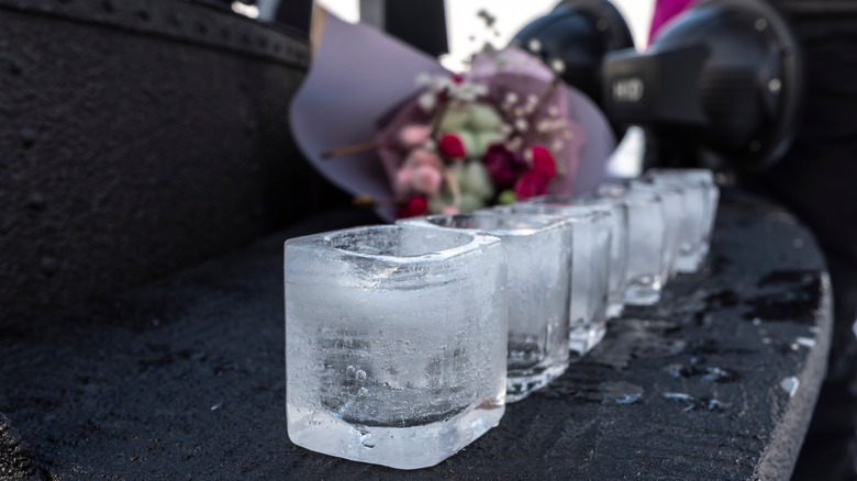 A row of shot glasses made of ice sit on a black counter