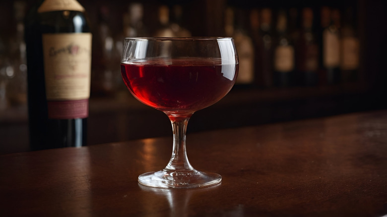 A close up of a Boulvardiere in a snifter glass on a brown bar counter