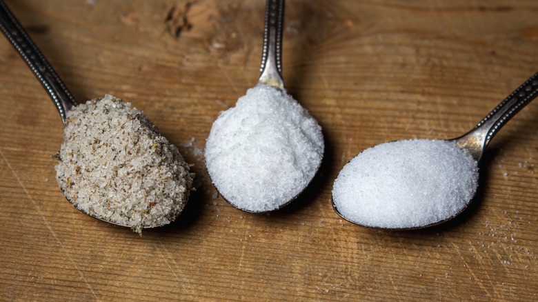 three types of sea salt on spoons