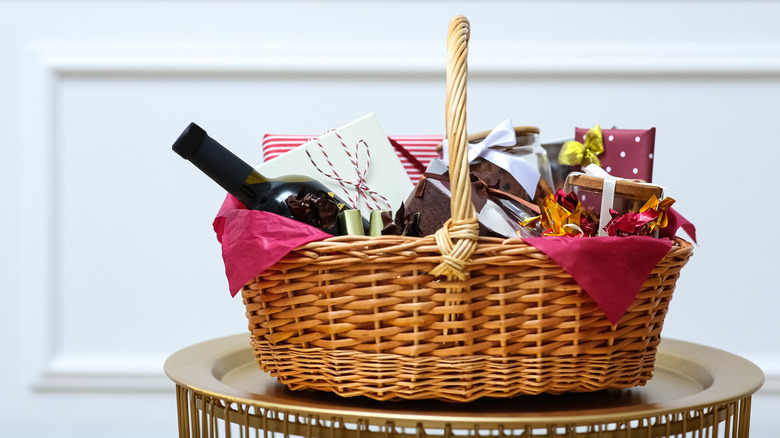 wine basket with chocolate and red wine