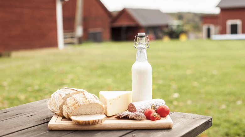 Charcuterie board with bread, milk, cheese, ham, and tomatoes on a farm