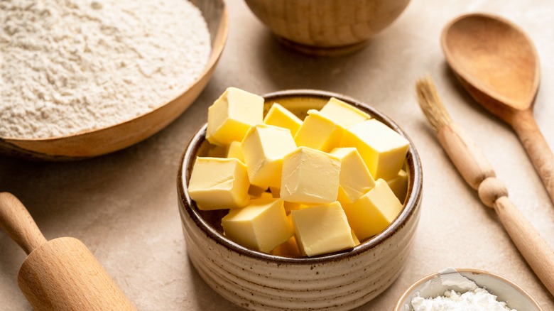 A bowl of cubed butter in bowl 