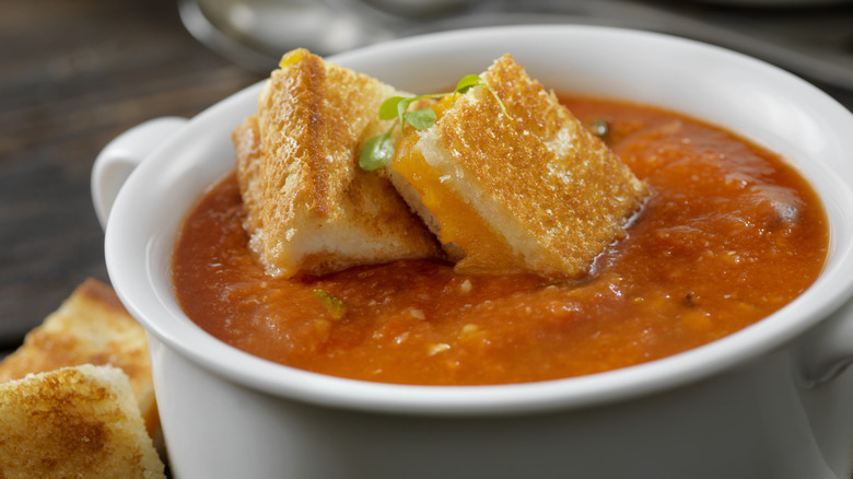 cheesy croutons on tomato soup