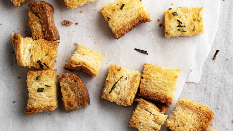 homemade croutons on sheet pan