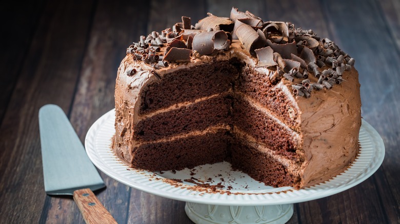 Chocolate cake decorated with chocolate curls
