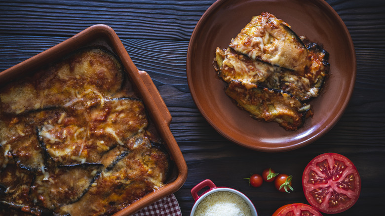 roasted eggplant parmesan in casserole dish