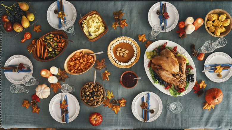 thanksgiving food on table with fall decorations