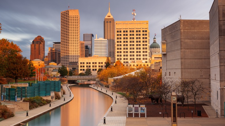 View of the Indianapolis skyline reflecting the canal at dusk