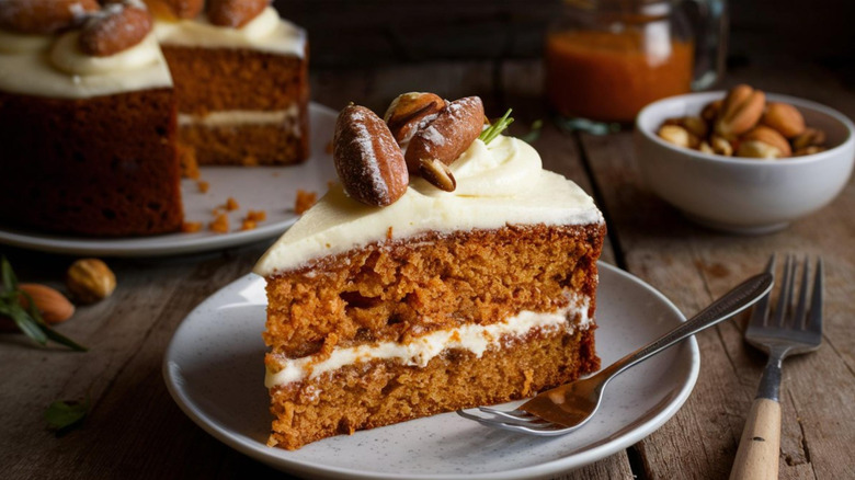 Slice of spiced carrot cake topped with nuts