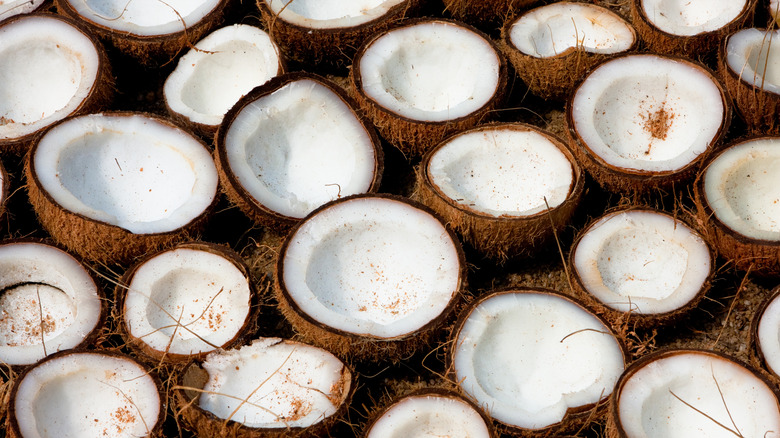 Texture shot of halved coconuts