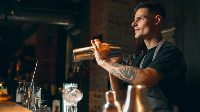 bartender vigorously shaking cocktail